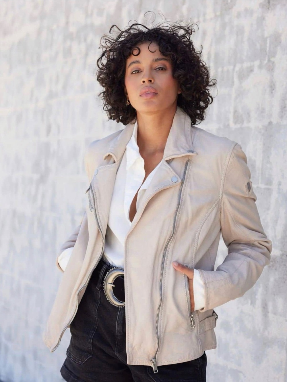 Women's Light Beige Leather Moto Jacket with Asymmetrical Zip